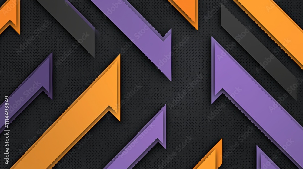 Poster a vibrant abstract design featuring angular arrows in purple, orange, and black tones, creating a dy