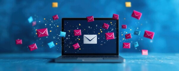 A laptop screen displays an envelope icon with colorful email icons bursting out, symbolizing digital communication and messages.