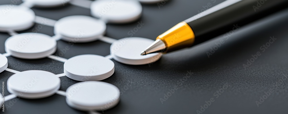 Poster a close-up view of a black surface with white circular nodes and a pen, suggesting brainstorming or 