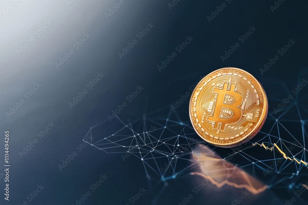Poster a shining bitcoin coin floating above a digital network, symbolizing cryptocurrency's innovative and