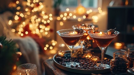 A lively party scene with multiple Espresso Martinis on a tray, garnished with coffee beans.