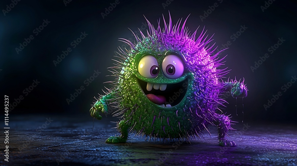 Poster vibrant 3d cartoon of a playful germ character with a round spiky shape glossy surface expressive ey