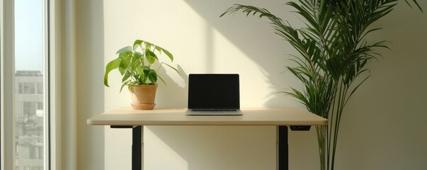 Fototapeta premium A minimalist workspace featuring a laptop, potted plant, and natural light creating a serene and productive environment.