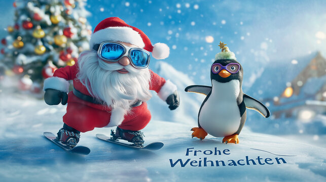Spruch Frohe Weihnachten Motiv lustig skurril f&uuml;r Weihnachtskarte Gru&szlig;karte zu Weihnachten mit Weihnachtsmann und Pinguin mit Skibrille Generative AI