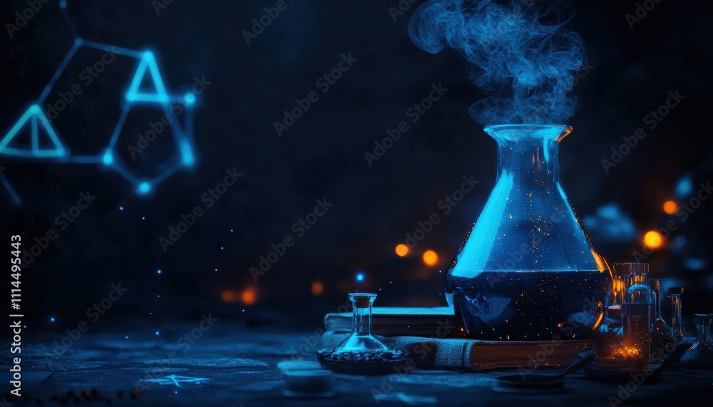 Poster a glowing laboratory scene featuring a blue flask emitting steam, surrounded by glassware and abstra