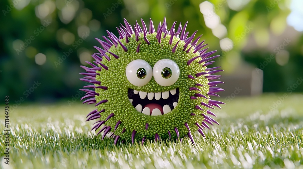 Poster whimsical 3d cartoon germ character with round spiky shape glossy surface bright green or purple col