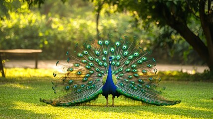 Obraz premium Peacock Displaying Its Majestic Tail Feathers in a Lush Garden