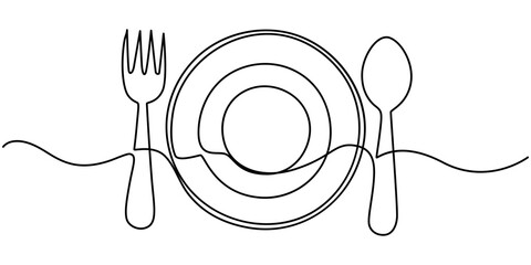 Continuous one line drawing of knife and fork vector illustration, One line  Drawing or illustration of empty plate and cutlery, One continuous line drawing of food tools. Plate Fork and Knife.