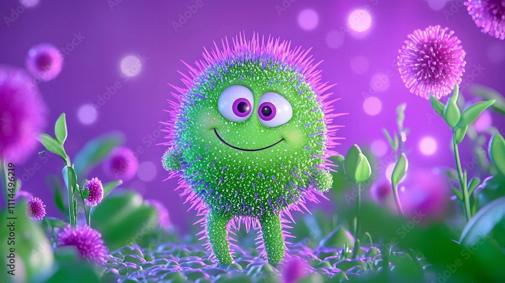 Poster playful 3d cartoon germ character with bright colors glossy texture expressive eyes and mischievous 