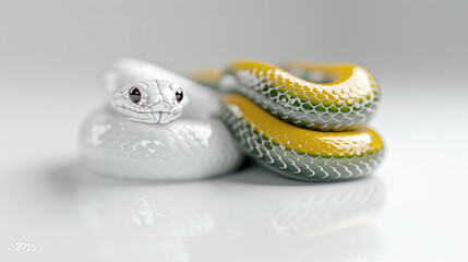 Naklejka premium A striking yellow and green snake with glossy scales coiled on a clean white surface, showcasing intricate patterns and calm elegance. 