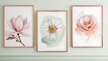 set of three abstract posters with floral art in frames