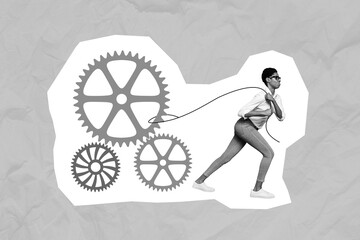 Collage photo of young hardworking businesswoman pull difficult mechanism gear her company from crisis situation isolated on blue color background