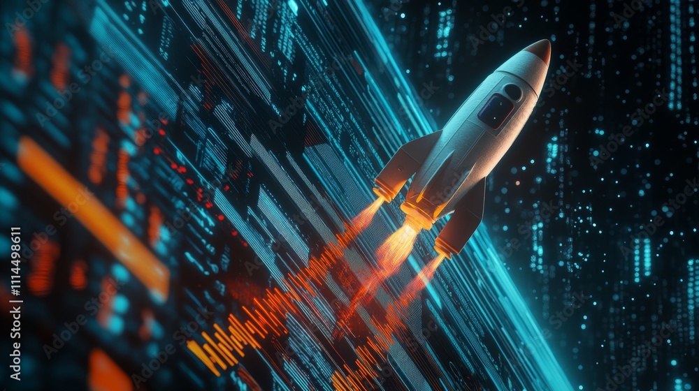 Aufkleber an exciting image of a rocket launch in a futuristic background, symbolizing business growth and inn