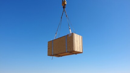 Tower crane lifting materials with a modern skyscraper backdrop, clear blue sky, capturing the scale of urban construction.