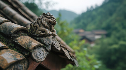 Detailed view of traditional roof decoration featuring a lion figure amidst a lush green landscape in a serene mountainous setting, showcasing cultural heritage.