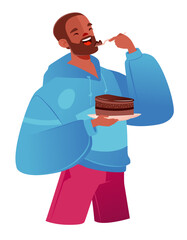 Happy young man eating standing with plate of sugar dessert chocolate cake. Man happily enjoying tasty fatty and high calorie unhealthy food. Vector flat illustration isolated on white background