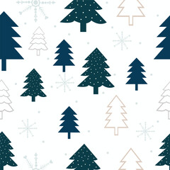 Obraz premium Winter holidays background with winter tree and snowflakes. Winter card design. seamless White snow falling on sky blue pattern. repeating texture for greeting card or banner. Vector eps10 