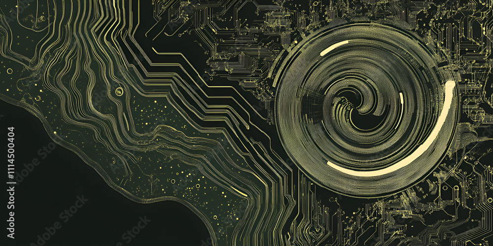 Poster abstract circuitry: a close-up of intricate circuitry, featuring a mesmerizing spiral pattern in the