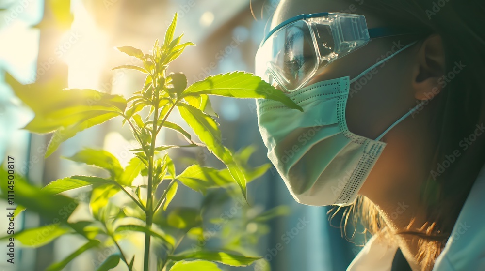 Poster a female scientist observing a green plant in a laboratory setting with sunlight filtering through g
