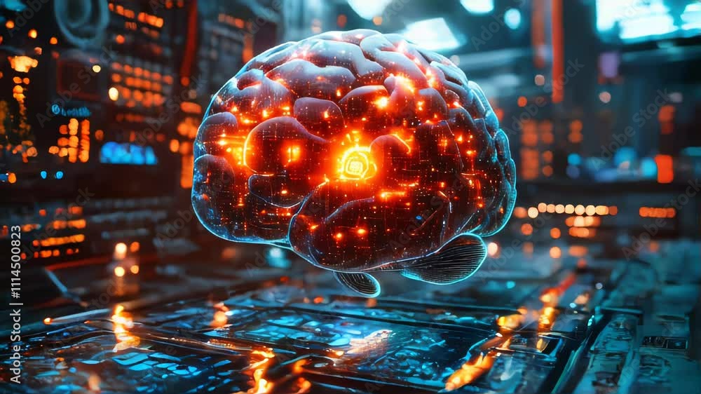 Poster a glowing digital 3d brain model displayed over a futuristic circuit board background, symbolizing a