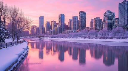 Naklejka premium Winter Cityscape at Sunrise Reflecting in Calm Water