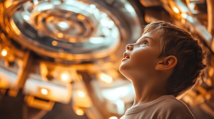 Boy gazes in wonder at intricate light display in a museum during an educational field trip