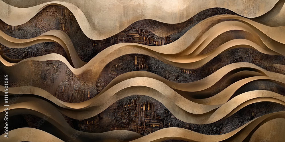 Poster abstract waves of gold and brown: a captivating abstract background featuring a mesmerizing wave pat