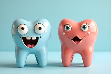 Obraz premium This image features two ceramic teeth with cartoonish faces, one in blue and the other in red, symbolizing dental health and quirky art for a fun and unique visual touch