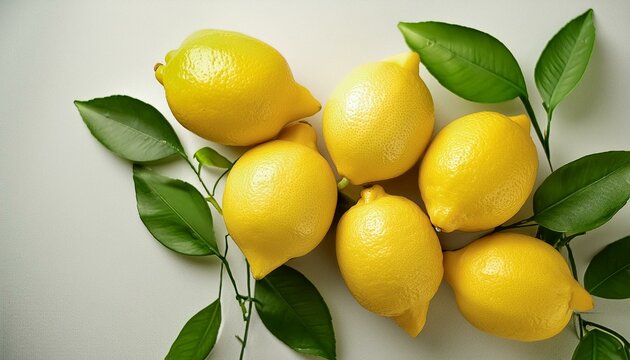 Bright yellow lemons with green leaves on a clean white background. Perfect for concepts of fresh fruit, citrus, healthy living, and natural ingredients.