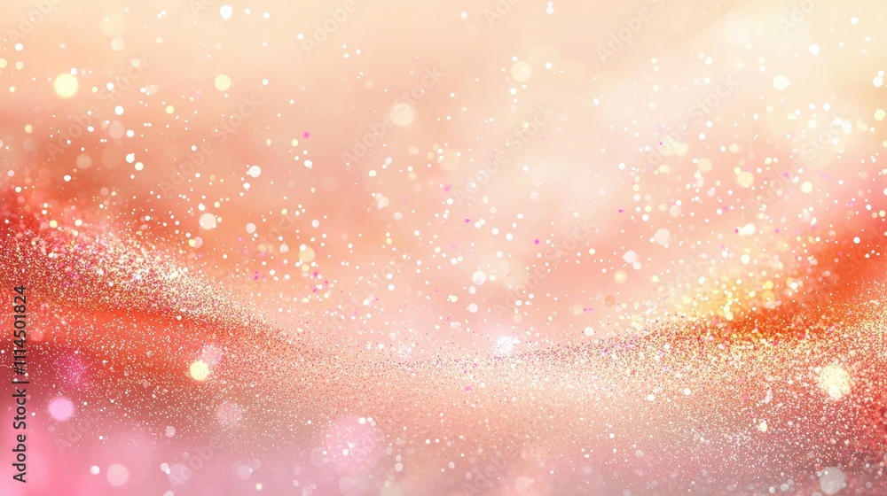 Poster warm peach background with glittering particles and soft blurred light effects