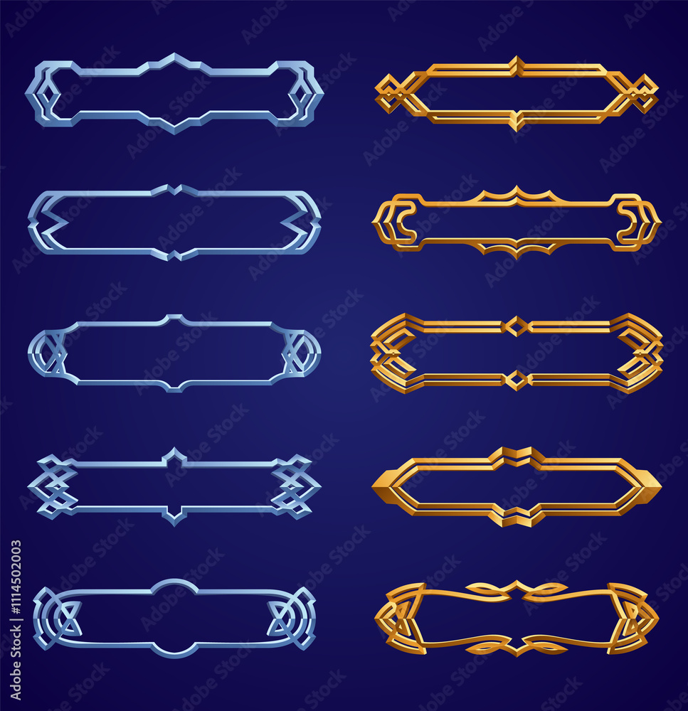 Poster frames medieval game ui. empty rectangle frames in old style, interface elements. metallic banners o