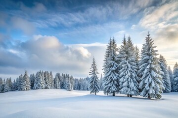 A beautiful winter scene with snowcovered tall pine trees and a tranquil snowy landscape, ideal for a calming wallpaper background.