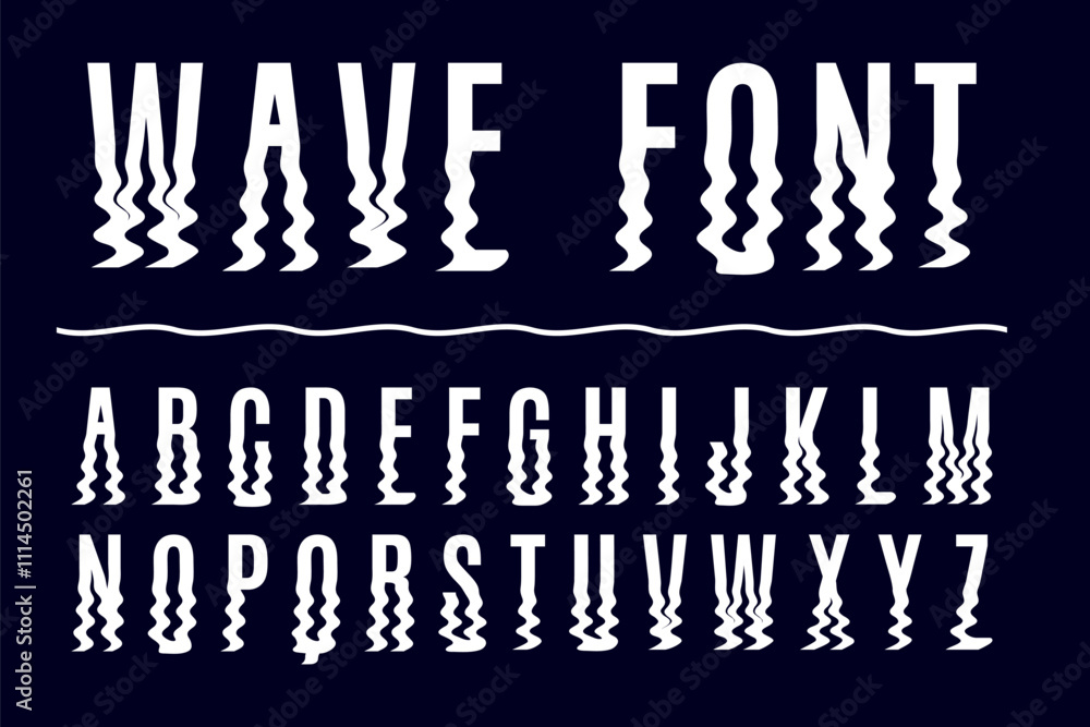Fototapete ripple effect font. reflected in water. wavy silhouette of letters and numbers. smooth zigzag alphab