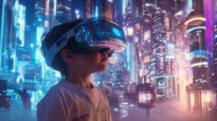 Child explores a futuristic cityscape through virtual reality while wearing a VR headset