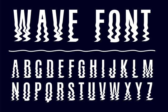 Ripple effect font. Reflected in water. Wavy silhouette of letters and numbers. Smooth zigzag alphabet. Distorted lower parts. Typography ABC typeset. Vector alphabetical icons set