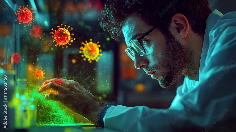 Poster scientist analyzing microorganisms in laboratory, engaged in research with colorful virus visualizat