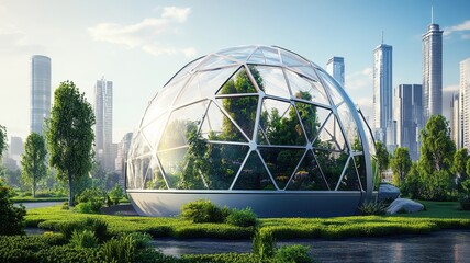 Fototapeta premium A futuristic dome-shaped greenhouse surrounded by greenery and modern skyscrapers, symbolizing sustainable urban development.