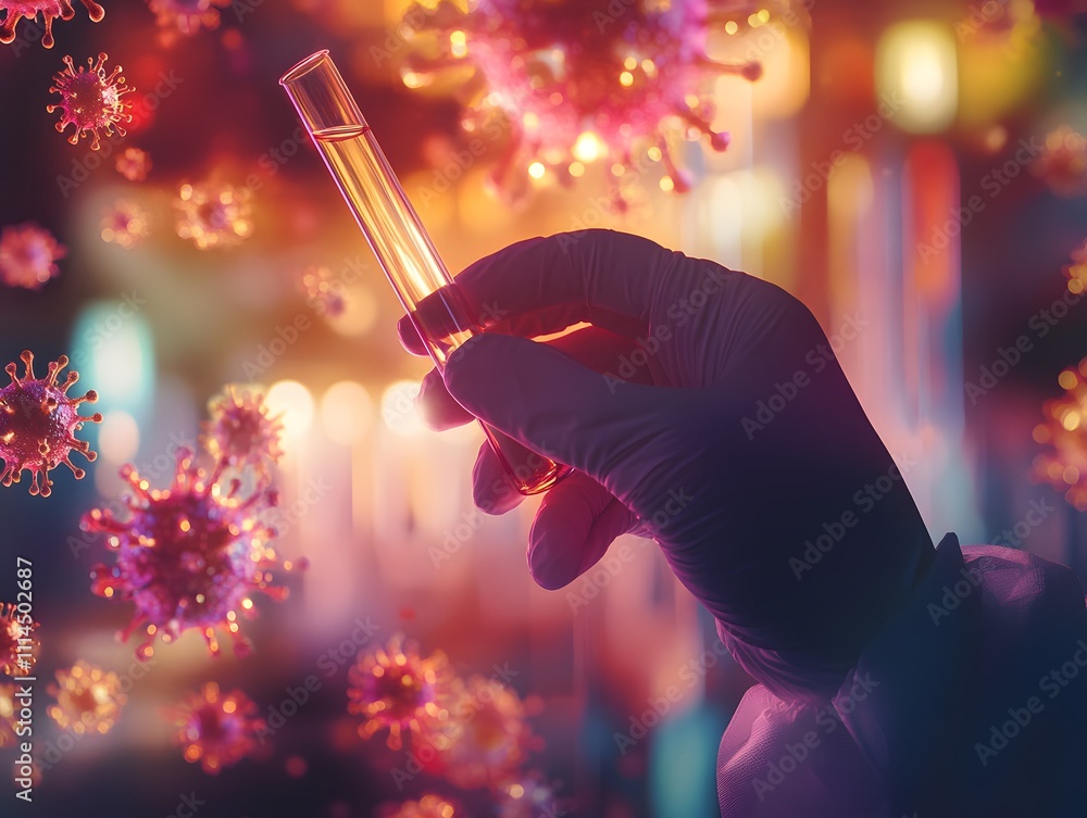 Poster Close-Up View of a Researcher's Gloved Hand Holding a Test Tube with Liquid Against a Background of Floating Virus Particles in a Colorful Laboratory Environment