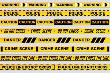 Fototapeta premium Police line. Caution adhesive tape. Danger zone. Crossing prohibition. Black and yellow strips. Restriction zone. Prohibited cordon. Security ribbons. Crime place borders vector set
