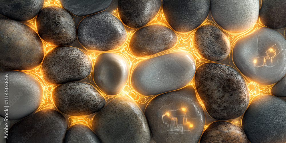 Poster glowing river stones: abstract texture of smooth, grey river stones with warm, glowing light emanati