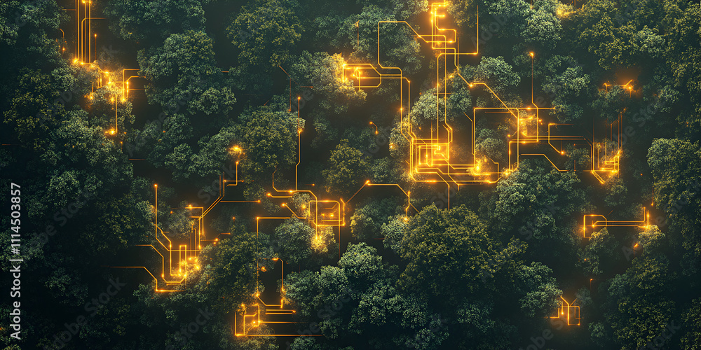 Poster nature's digital tapestry: a mesmerizing abstract image depicting a lush forest with glowing golden 