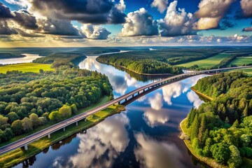 Fototapeta premium A magnificent aerial shot of a winding bridge crossing over water, with lush terrain surrounding it, perfect for a serene wallpaper background.