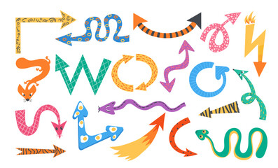 Playful arrows. Patterned funny pointers different shapes. Quirky decorative cursor. Twisted direction. Navigation symbol. Pointing pictogram. Abstract dynamic elements. Splendid vector set
