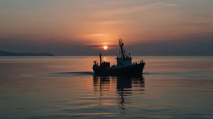 Fototapeta premium As the sun sets on the horizon, a fishing trawler glides across the calm sea, its silhouette a stark contrast against the soft pink and blue hues of the sky 
