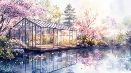 A serene, colorful greenhouse surrounded by blooming cherry trees, reflecting beautifully on the calm water of a pond.