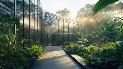 A serene greenhouse with glass walls, surrounded by lush greenery and soft morning light, creating a peaceful atmosphere for plant growth.