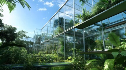 A modern glass greenhouse surrounded by lush greenery, showcasing a harmonious blend of architecture and nature under a bright blue sky.