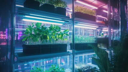 A futuristic indoor garden featuring vibrant plants illuminated by colorful LED lights in a sleek glass setup.