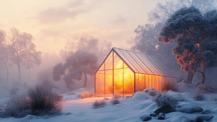 A cozy greenhouse glows warmly amidst a serene winter landscape, surrounded by frosty trees and snow-covered ground.