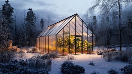 A cozy greenhouse glows warmly in a snowy landscape, surrounded by trees, showcasing a vibrant collection of plants amidst winter's chill.